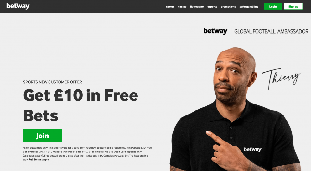 Get a £10 free bet when you join Betway